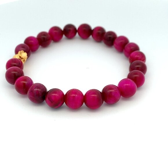 Dyed Tiger's Eye Magenta Stretchable Bracelet Size 6 with 24K Gold Money Bag - Picture 4 of 8